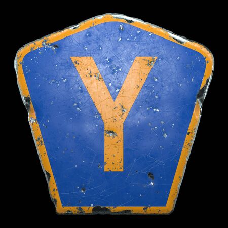 Public road sign in blue and orange color with a capitol letter Y in the center isolated black background. 3d renderingの写真素材