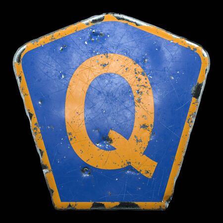 Public road sign in blue and orange color with a capitol letter Q in the center isolated black background. 3d renderingの写真素材