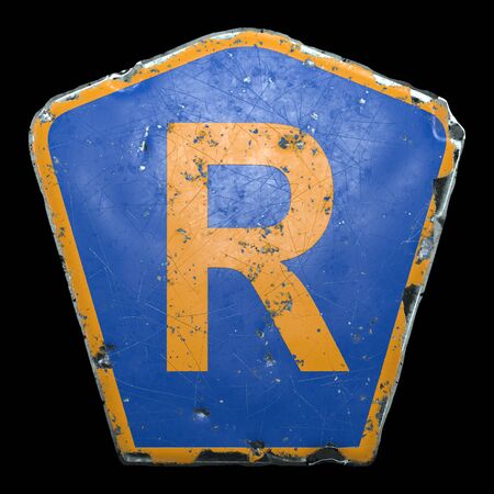 Public road sign in blue and orange color with a capitol letter R in the center isolated black background. 3d renderingの写真素材
