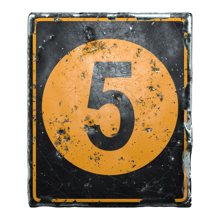 Public road sign orange and black color with a capital letter 5 in the center isolated on white...