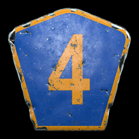 Public road sign in blue and orange color with a capitol letter 4 in the center isolated black...