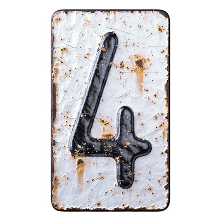 Number 4 made of forged metal on the background fragment of a metal surface with cracked rust. 3d...