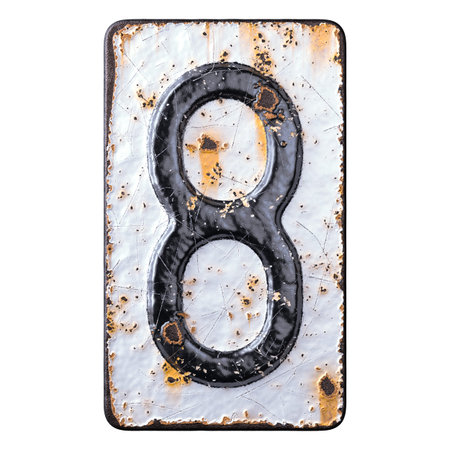 Number 8 made of forged metal on the background fragment of a metal surface with cracked rust. 3d...