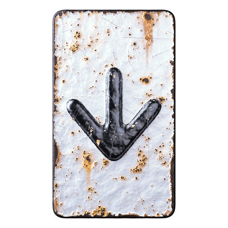 3D render symbol arrow to down made of forged metal on the background fragment of a metal surface...