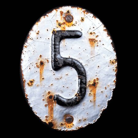 Number 5 made of forged metal on the background fragment of a metal surface with cracked rust. 3d renderingの写真素材