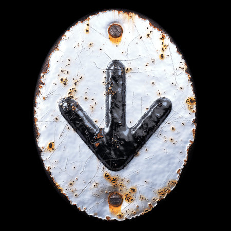 3D render symbol arrow to down made of forged metal on the background fragment of a metal surface...