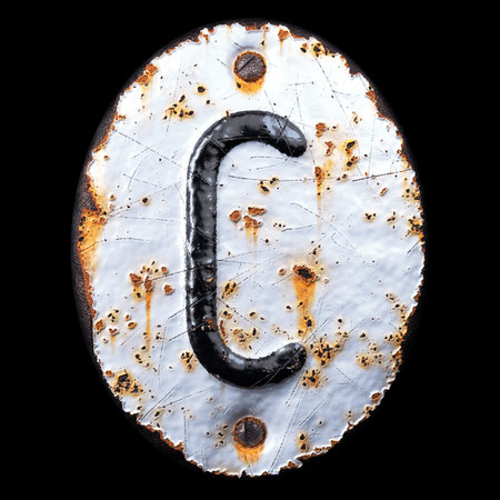 3D render capital letter C made of forged metal on the background fragment of a metal surface with cracked rust. 3d renderingの写真素材