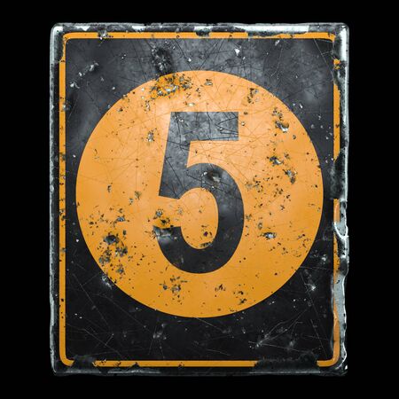 Public road sign orange and black color with a capital letter 5 in the center isolated on black background. 3d renderingの写真素材