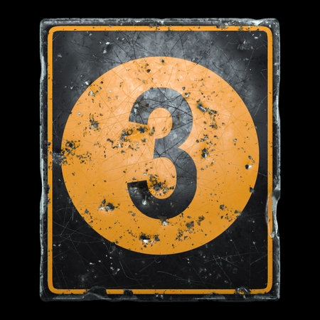 Public road sign orange and black color with a capital letter 3 in the center isolated on black...