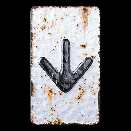 3D render symbol arrow to down made of forged metal