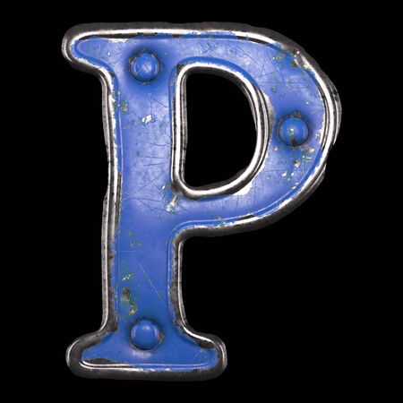 Uppercase letter P made of painted metal with blue rivets on black background. 3d renderingの写真素材
