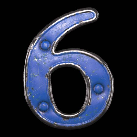 Number 6 made of painted metal with blue rivets on black background. 3d renderingの写真素材