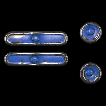 Symbol equals and colon made of painted metal with blue rivets on black background. 3d rendering