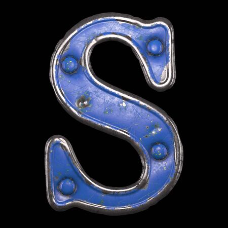 Uppercase letter S made of painted metal with blue rivets on black background. 3d renderingの写真素材