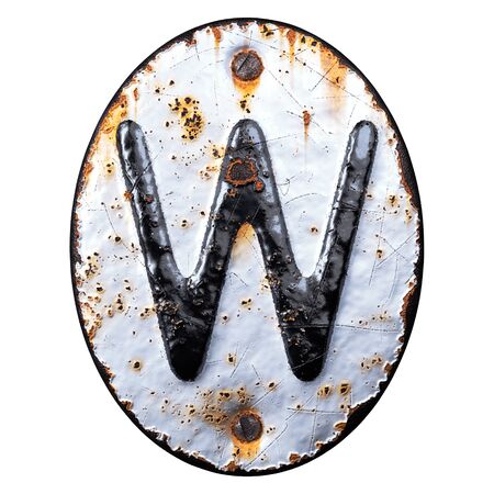 3D render capital letter W made of forged metal on the background fragment of a metal surface with cracked rust. 3d renderingの写真素材