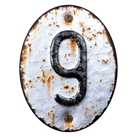 Number 9 made of forged metal on the background fragment of a metal surface with cracked rust. 3d...