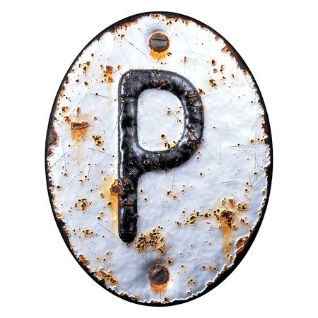 3D render capital letter P made of forged metal on the background fragment of a metal surface with cracked rust. 3d renderingの写真素材
