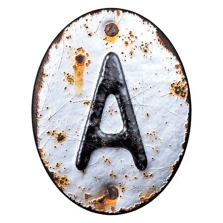 3D render capital letter A made of forged metal on the background fragment of a metal surface with cracked rust. 3d renderingの写真素材