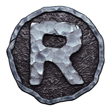 Capital letter R made of forged metal in the center of coin isolated on white background. 3d...