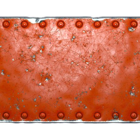 Strip of metal with rivets painted red in the shape of a rectangle in the center on white background 3d renderingの写真素材