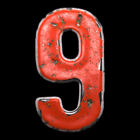 Number 9 made of red painted metal isolated on black background. 3d rendering