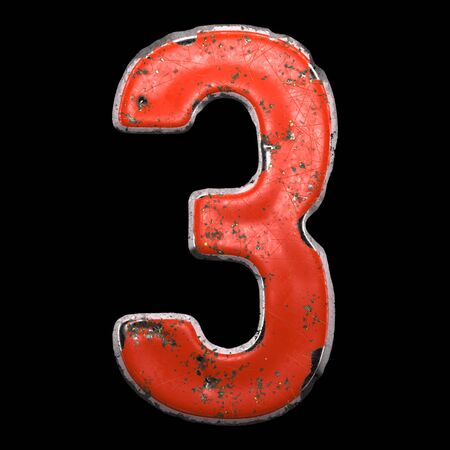Number 3 made of red painted metal isolated on black background. 3d renderingの写真素材