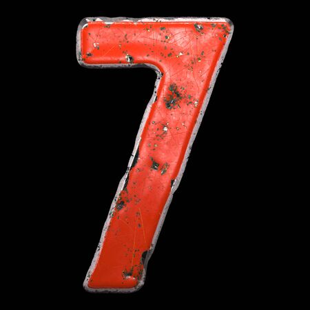 Number 7 made of red painted metal isolated on black background. 3d renderingの写真素材