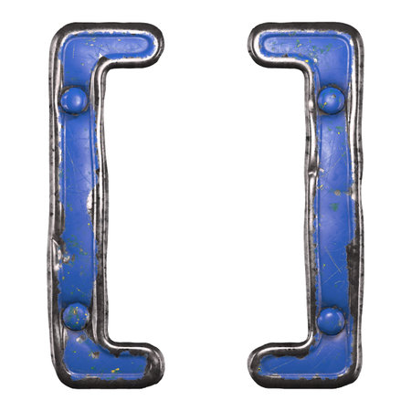Symbol left and right square bracket made of painted metal with blue rivets on white background. 3d...