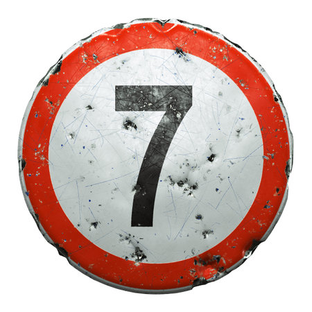 Public road sign in red and white with a capitol letter 7 in the center isolated on white...