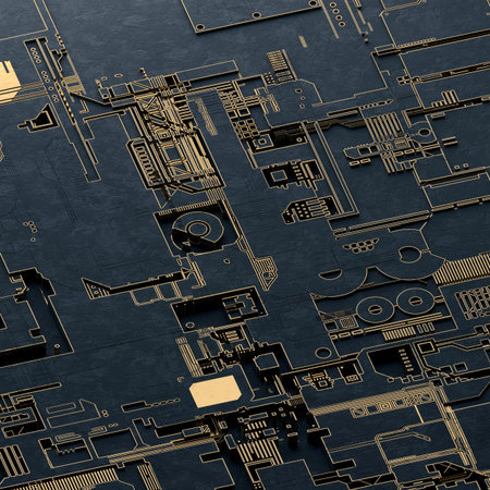Circuit board futuristic server code processing. Gold and black technology background. 3d rendering...