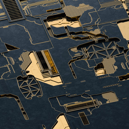 Circuit board futuristic server code processing. Gold and black technology background. 3d rendering...