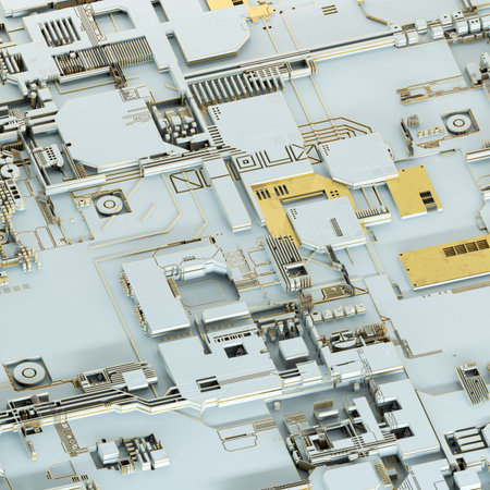 Circuit board futuristic server code processing. Gold and white technology background. 3d rendering...