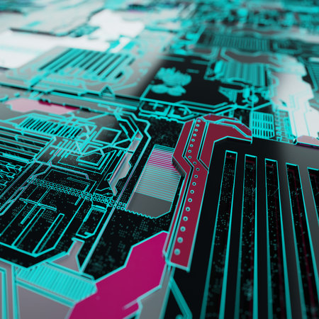 Circuit board futuristic server code processing. Neon color technology background. 3d rendering...