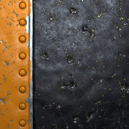 Rusty metal strip with rivets on the left against on black metal background 3d rendering