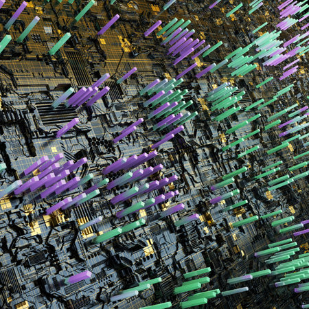 Circuit board futuristic server code processing. Multicolor technology background. 3d rendering...
