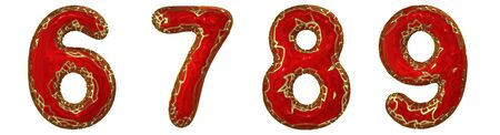 Number set 6, 7, 8, 9 made of realistic 3d render golden shining metallic. Collection of gold shining metallic with red color plastic symbol isolated on white backgroundの写真素材