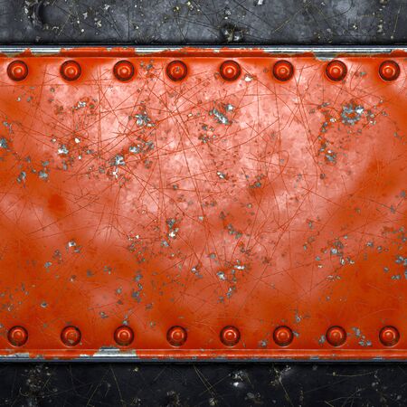 Strip of metal with rivets painted red in the shape of a rectangle in the center on black metal background 3d renderingの写真素材