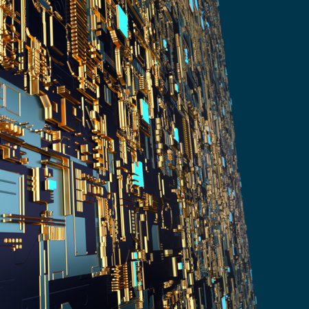 Circuit board futuristic server code processing. Angled view multicolor technology black background....