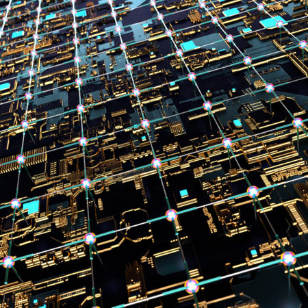 Circuit board futuristic server code processing. Angled view multicolor technology black background....
