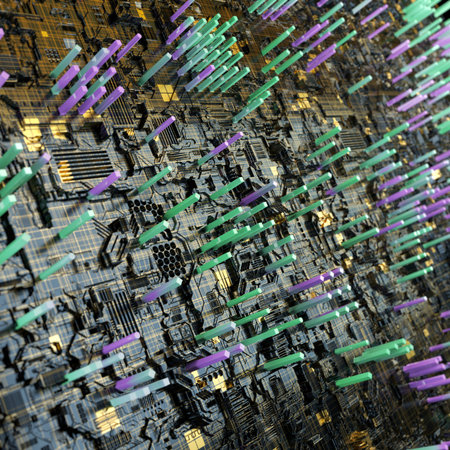 Circuit board futuristic server code processing. Multicolor technology background. 3d rendering...