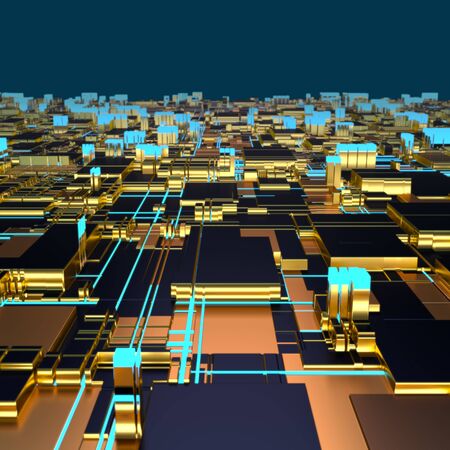 Circuit board futuristic server code processing. Angled view multicolor technology black background. 3d rendering abstract circuit boardの写真素材