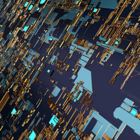 Circuit board futuristic server code processing. Angled view multicolor technology black background....