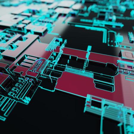 Circuit board futuristic server code processing. Neon color technology background. 3d rendering...