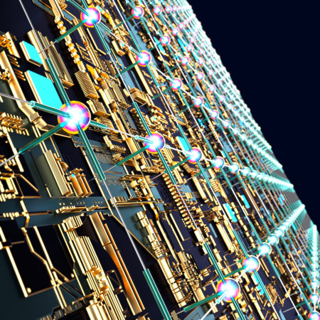 Circuit board futuristic server code processing. Angled view multicolor technology black background....