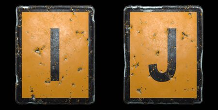 Capital letter set I, J made of public road sign orange and black color on black background. 3d renderingの写真素材