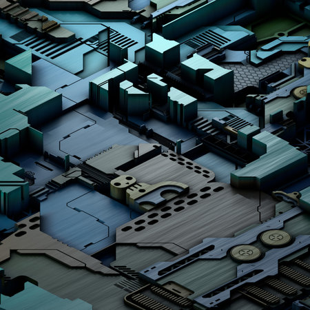 Circuit board futuristic server code processing. Multicolor technology background. 3d rendering...