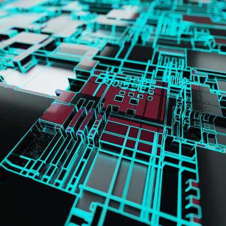 Circuit board futuristic server code processing. Neon color technology background. 3d rendering...