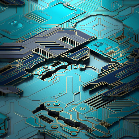 Circuit board futuristic server code processing. Turquoise technology background. 3d rendering...