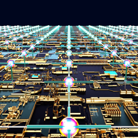 Circuit board futuristic server code processing. Angled view multicolor technology black background....