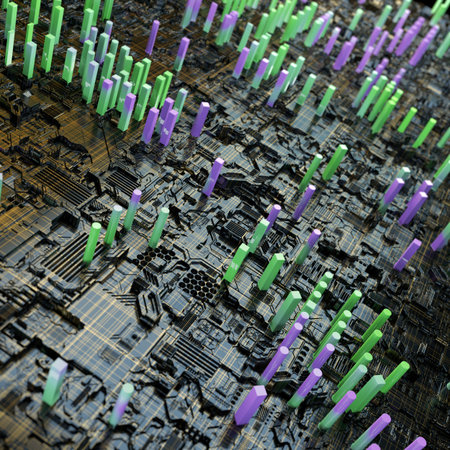 Circuit board futuristic server code processing. Multicolor technology background. 3d rendering...